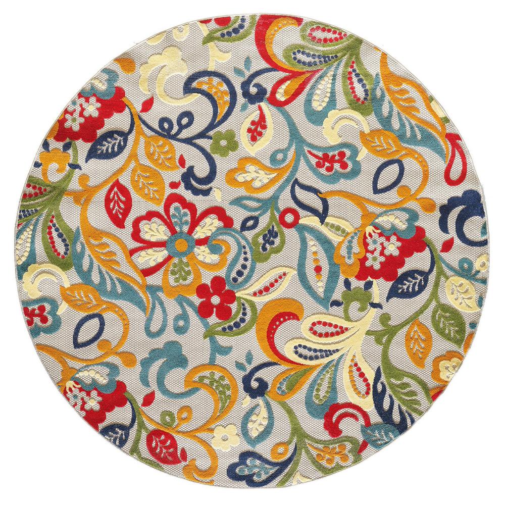 8' Round Ivory And Blue Round Floral Stain Resistant Indoor Outdoor Area Rug. Picture 2