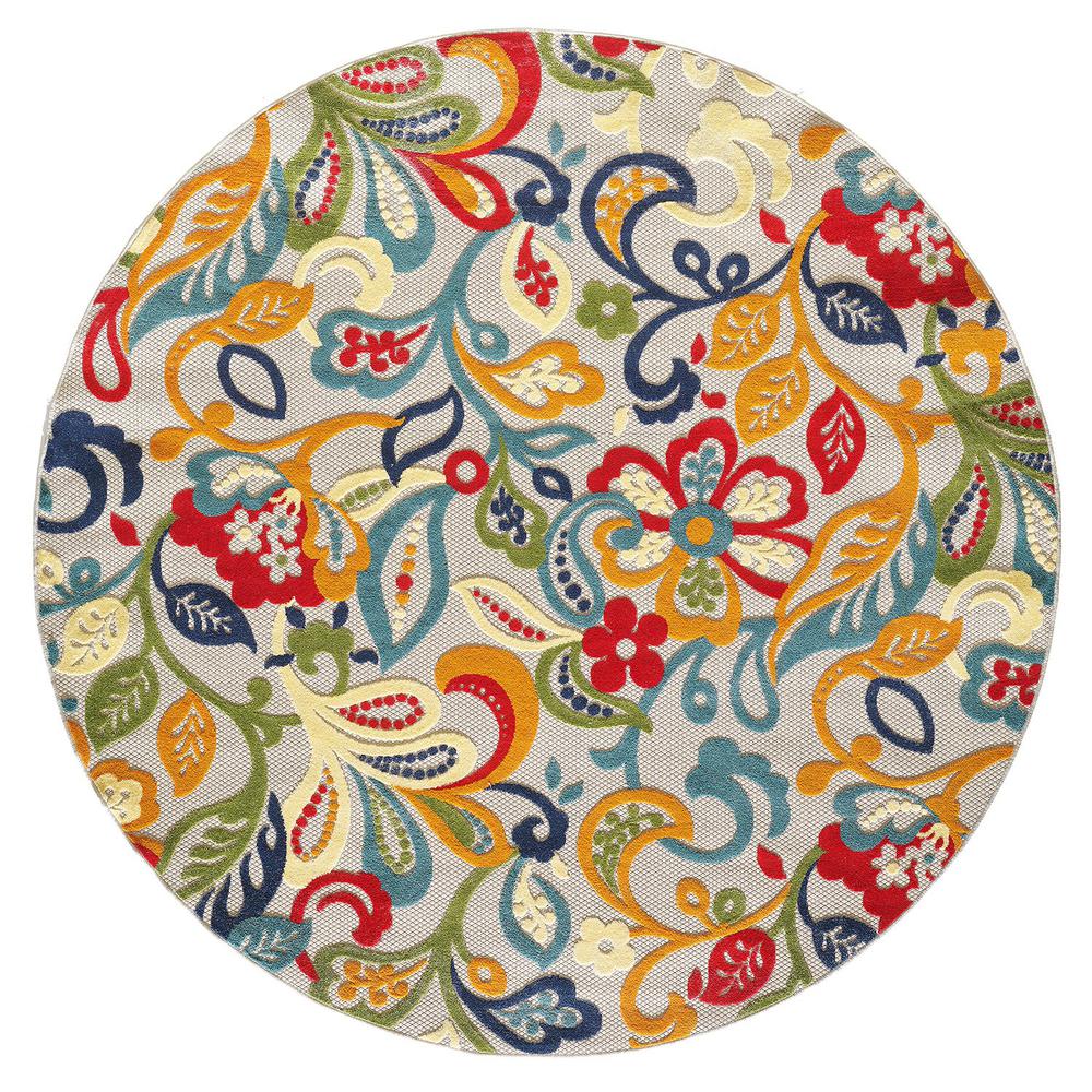 8' Round Ivory And Blue Round Floral Stain Resistant Indoor Outdoor Area Rug. Picture 1