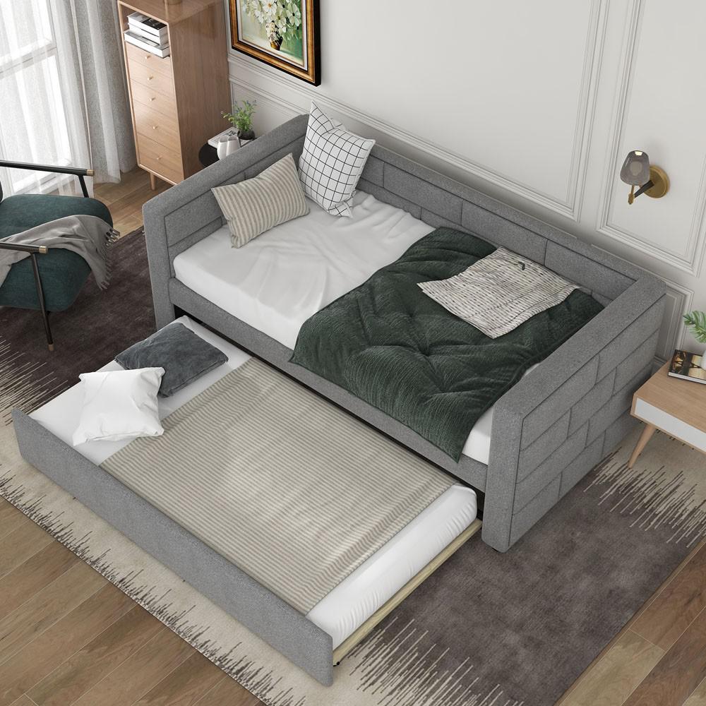 Twin Gray Upholstered Polyester Blend Bed With Trundle. Picture 8