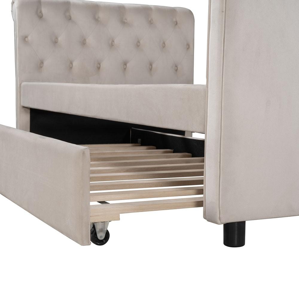 Twin Tufted Beige Upholstered Polyester Blend Bed With Trundle. Picture 8