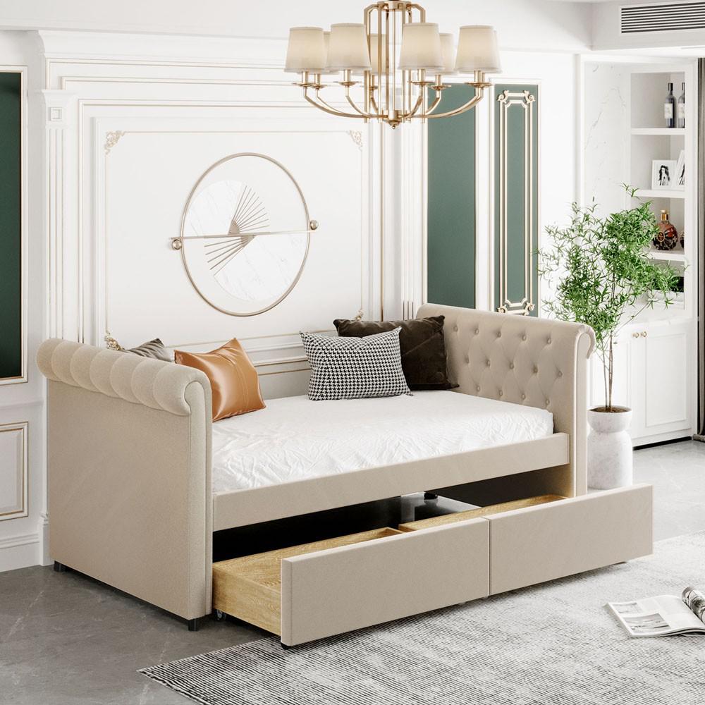 Twin Tufted Beige Upholstered Polyester Blend Bed. Picture 9