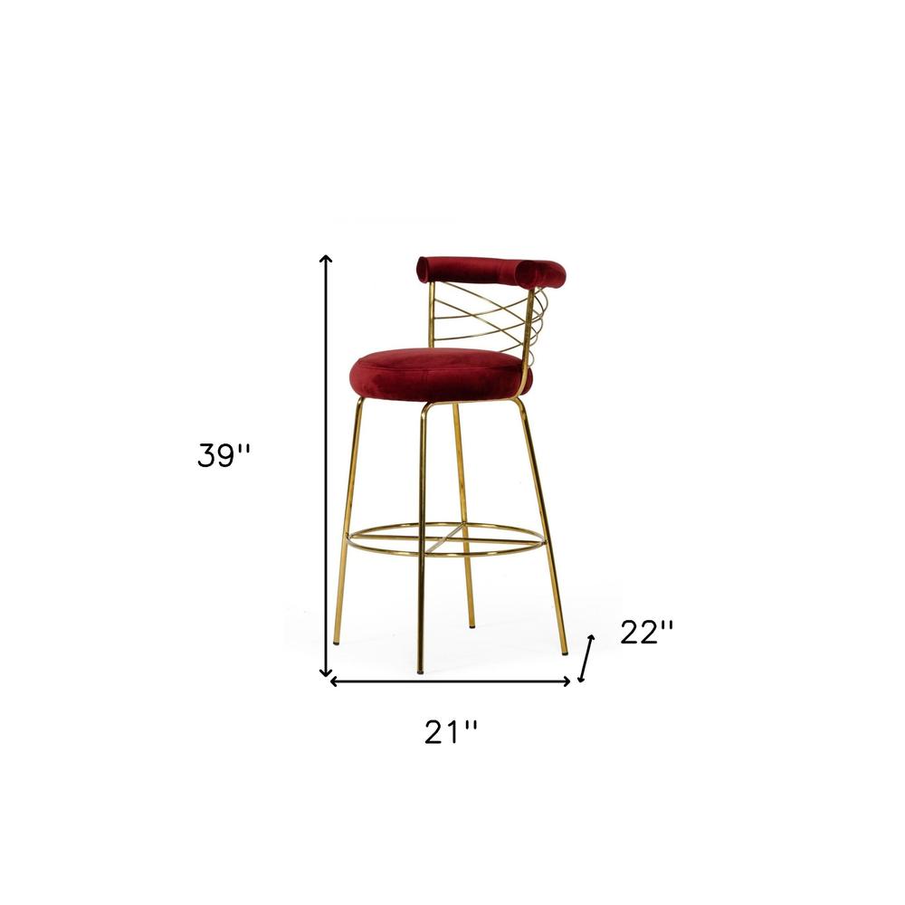 39" Red And Gold Velvet Low Back Bar Height Chair With Footrest. Picture 8