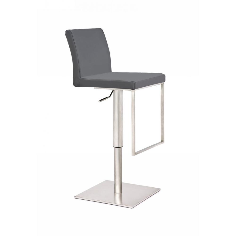 Grey Faux Leather, Stainless Steel Swivel Low Back Adjustable Height Bar Chair. Picture 2