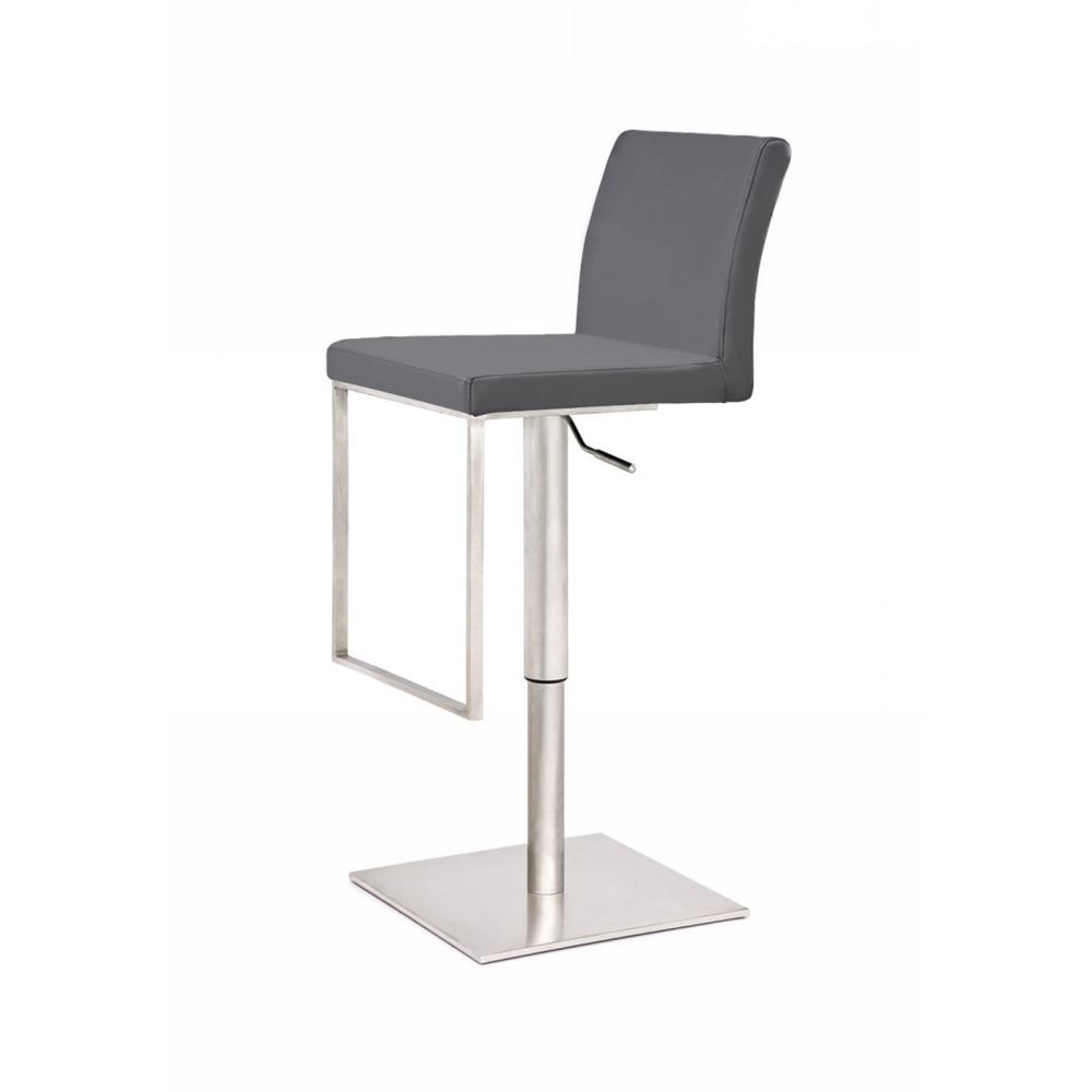 Grey Faux Leather, Stainless Steel Swivel Low Back Adjustable Height Bar Chair. Picture 1