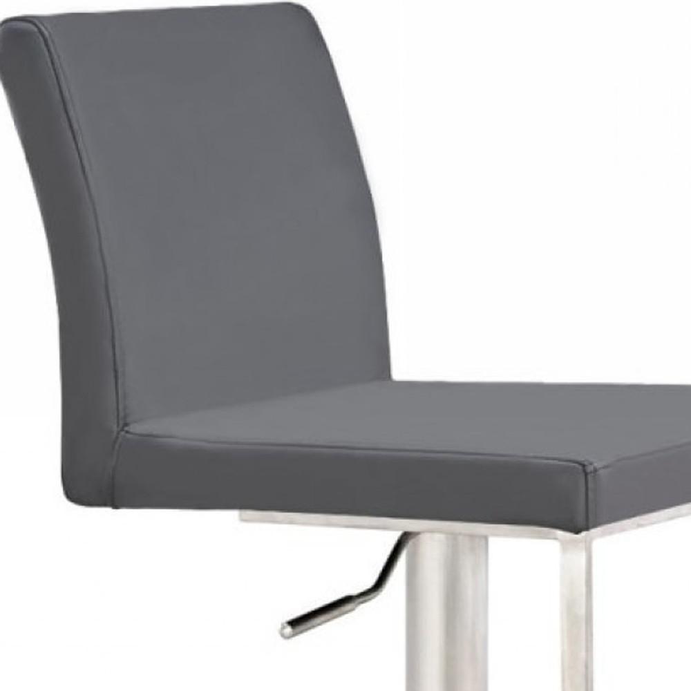Grey Faux Leather, Stainless Steel Swivel Low Back Adjustable Height Bar Chair. Picture 5