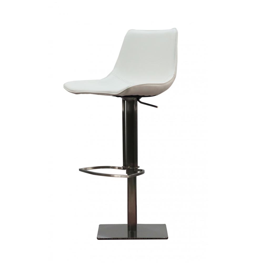 40" White Faux Leather And Stainless Steel Swivel Adjustable Height Bar Chair. Picture 1