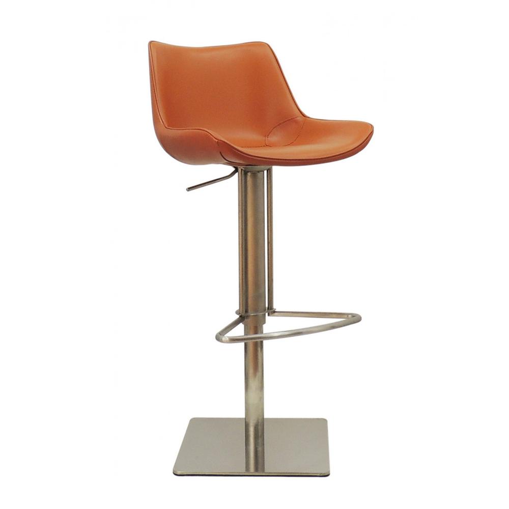 42" Cognac Faux Leather And Stainless Steel Swivel Adjustable Height Bar Chair. Picture 1
