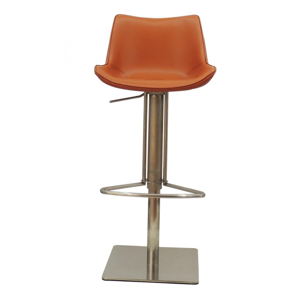 42" Cognac Faux Leather And Stainless Steel Swivel Adjustable Height Bar Chair. Picture 2
