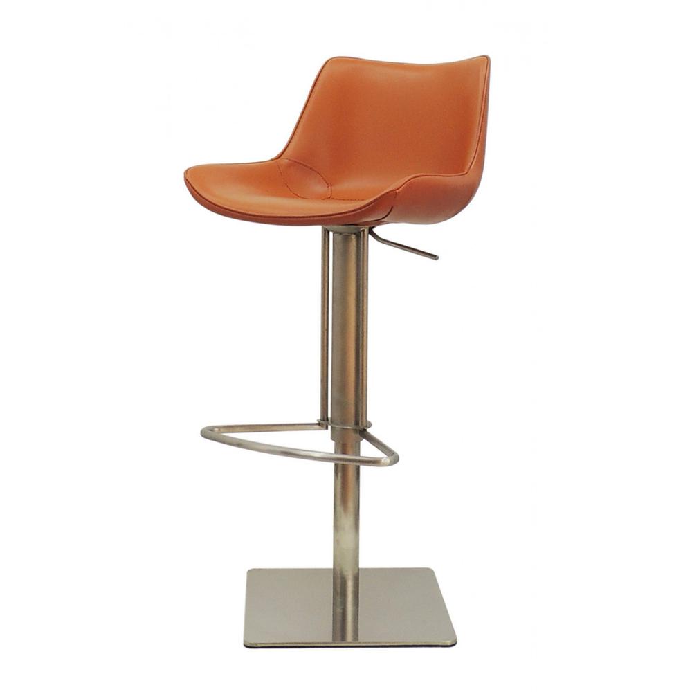 42" Cognac Faux Leather And Stainless Steel Swivel Adjustable Height Bar Chair. Picture 4