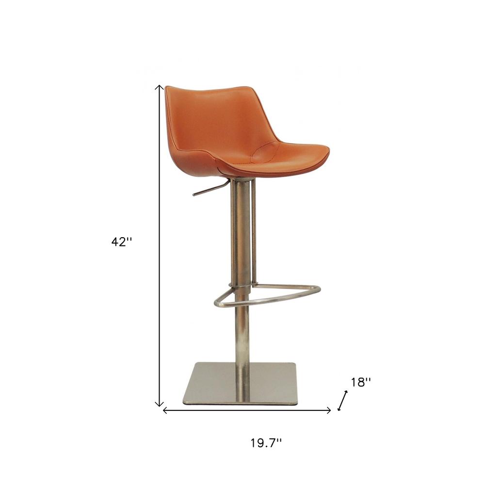42" Cognac Faux Leather And Stainless Steel Swivel Adjustable Height Bar Chair. Picture 8