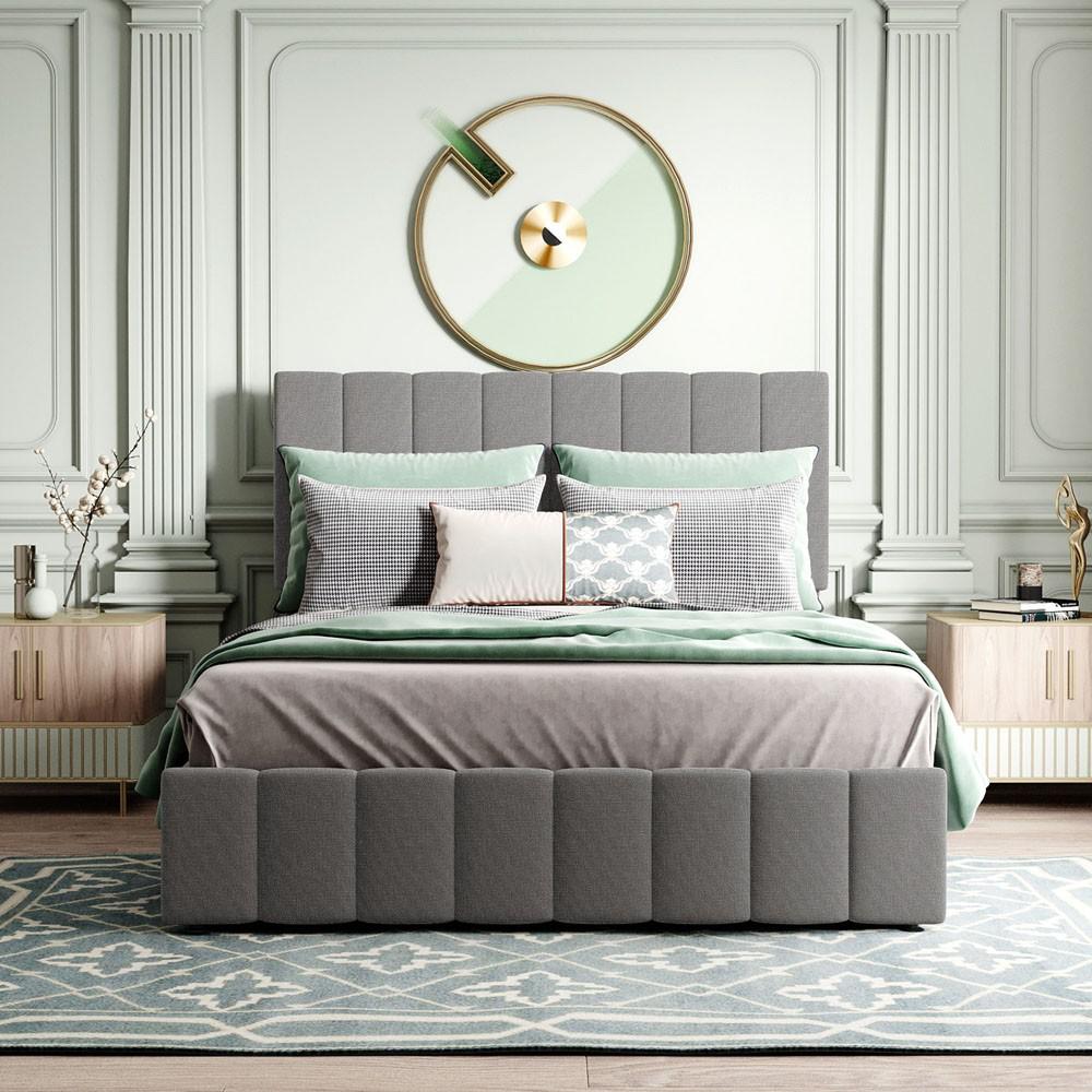 Full Double Gray Upholstered Linen Blend Bed. Picture 9