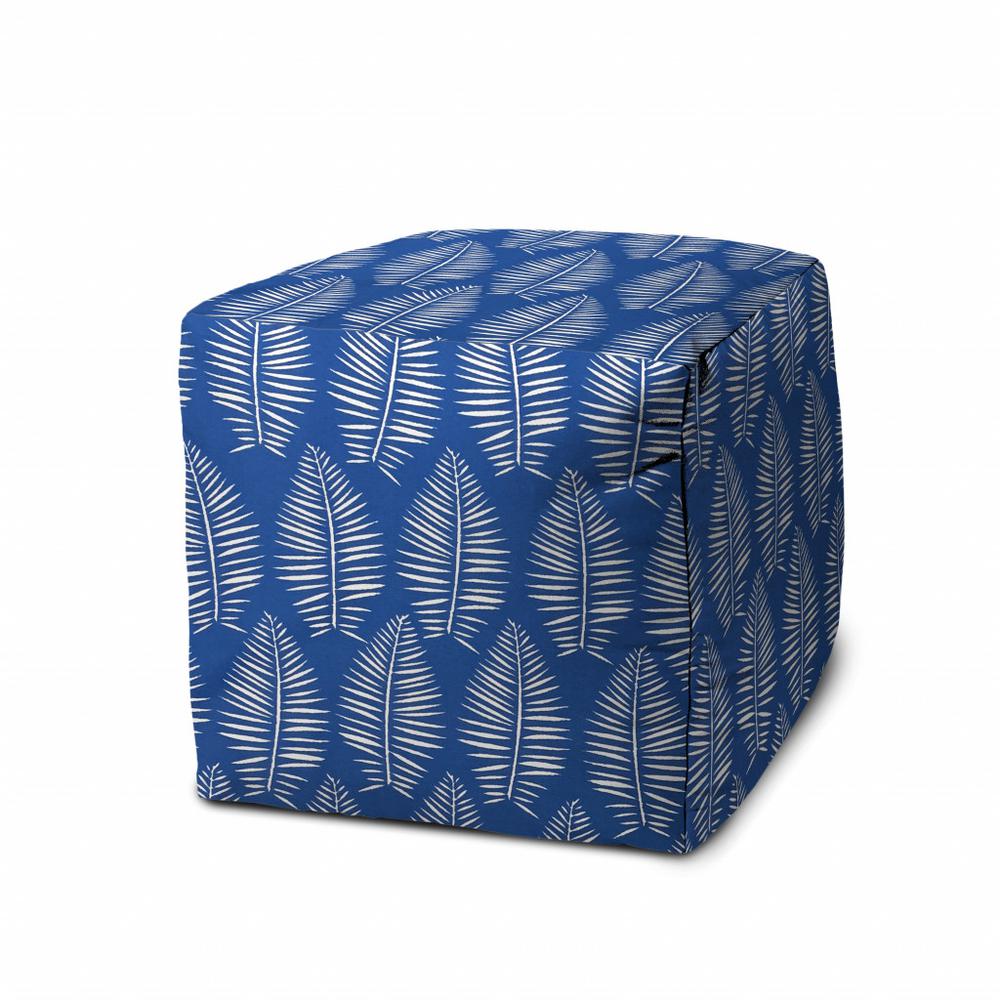 17" Blue and White Polyester Cube Floral Indoor Outdoor Pouf Ottoman. Picture 1