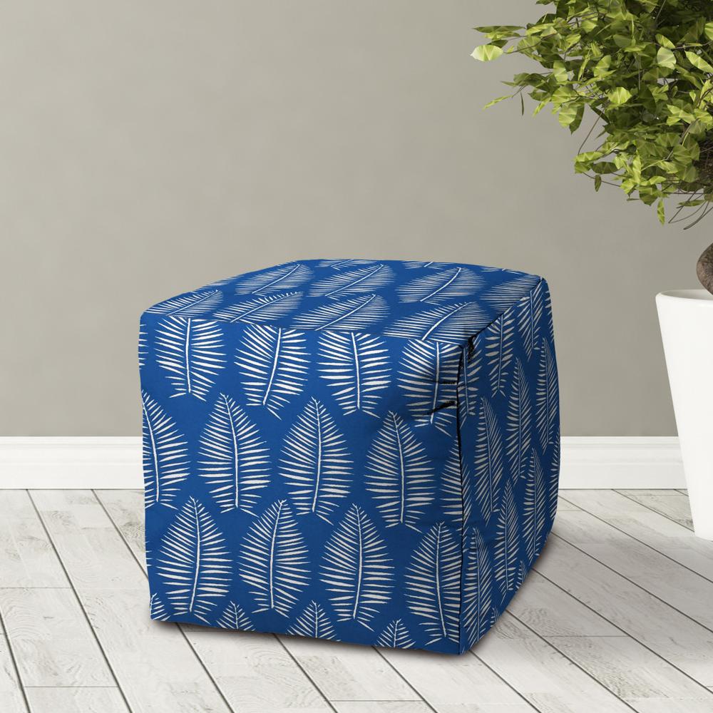17" Blue and White Polyester Cube Floral Indoor Outdoor Pouf Ottoman. Picture 3