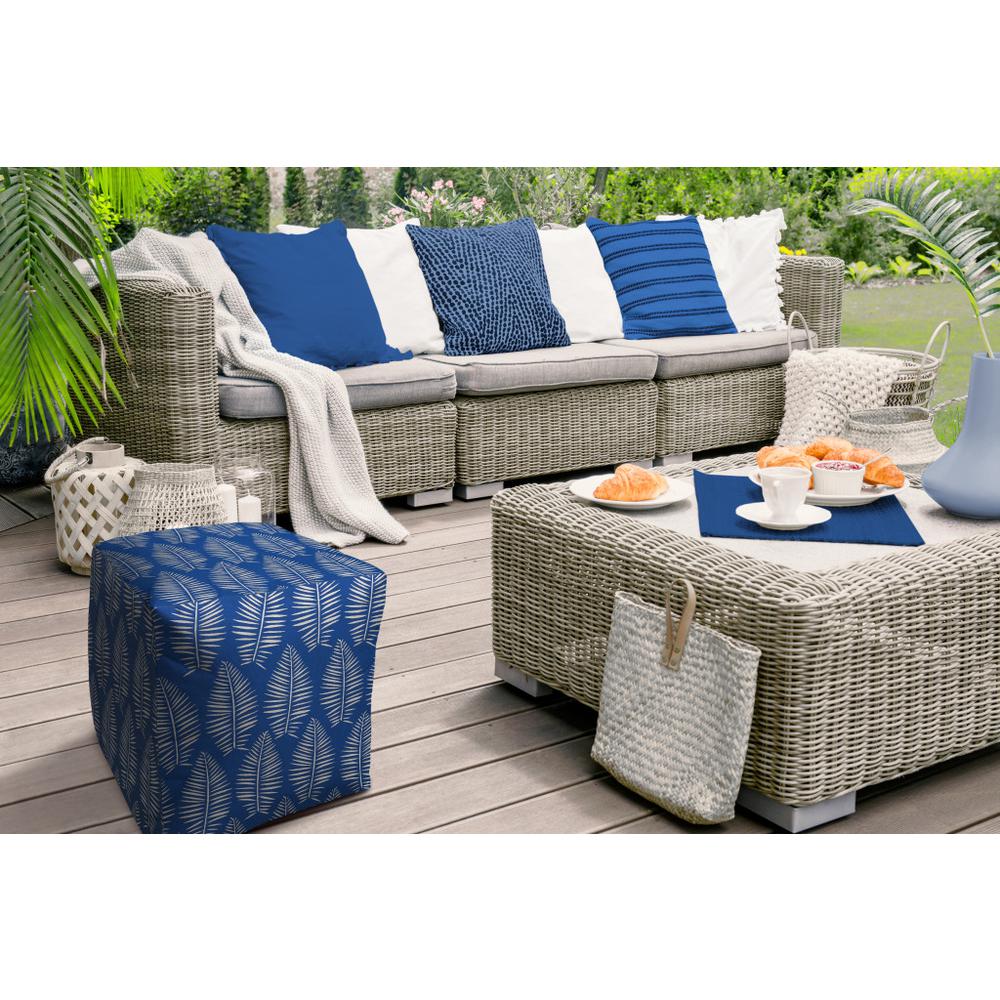17" Blue and White Polyester Cube Floral Indoor Outdoor Pouf Ottoman. Picture 4