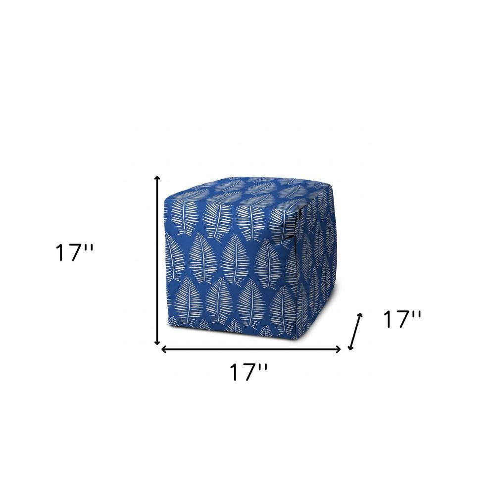 17" Blue and White Polyester Cube Floral Indoor Outdoor Pouf Ottoman. Picture 6