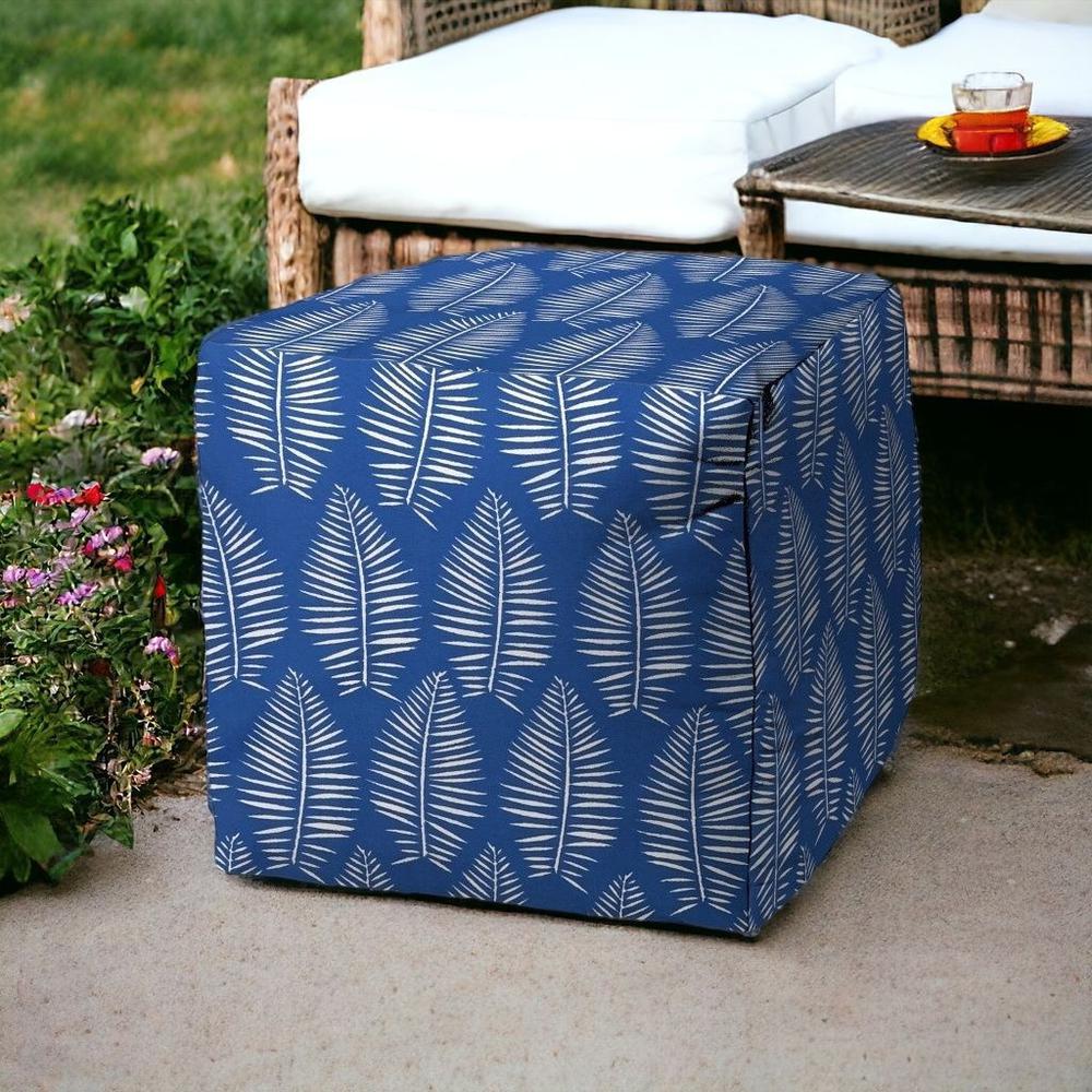 17" Blue and White Polyester Cube Floral Indoor Outdoor Pouf Ottoman. Picture 2