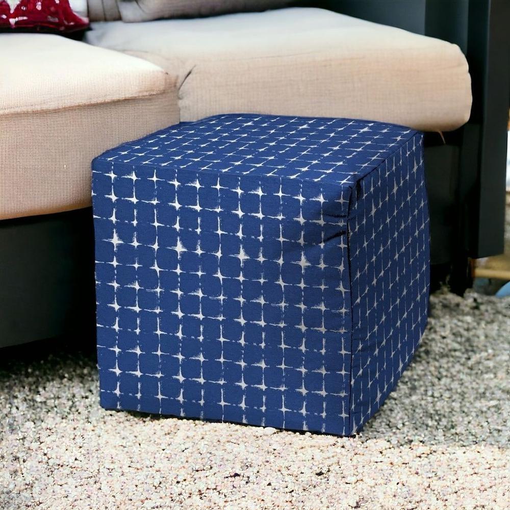 17" Blue and White Polyester Cube Geometric Indoor Outdoor Pouf Ottoman. Picture 2