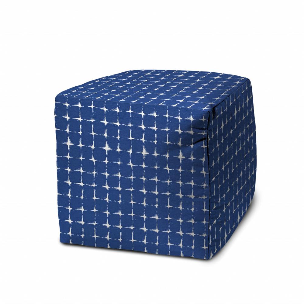 17" Blue and White Polyester Cube Geometric Indoor Outdoor Pouf Ottoman. Picture 1