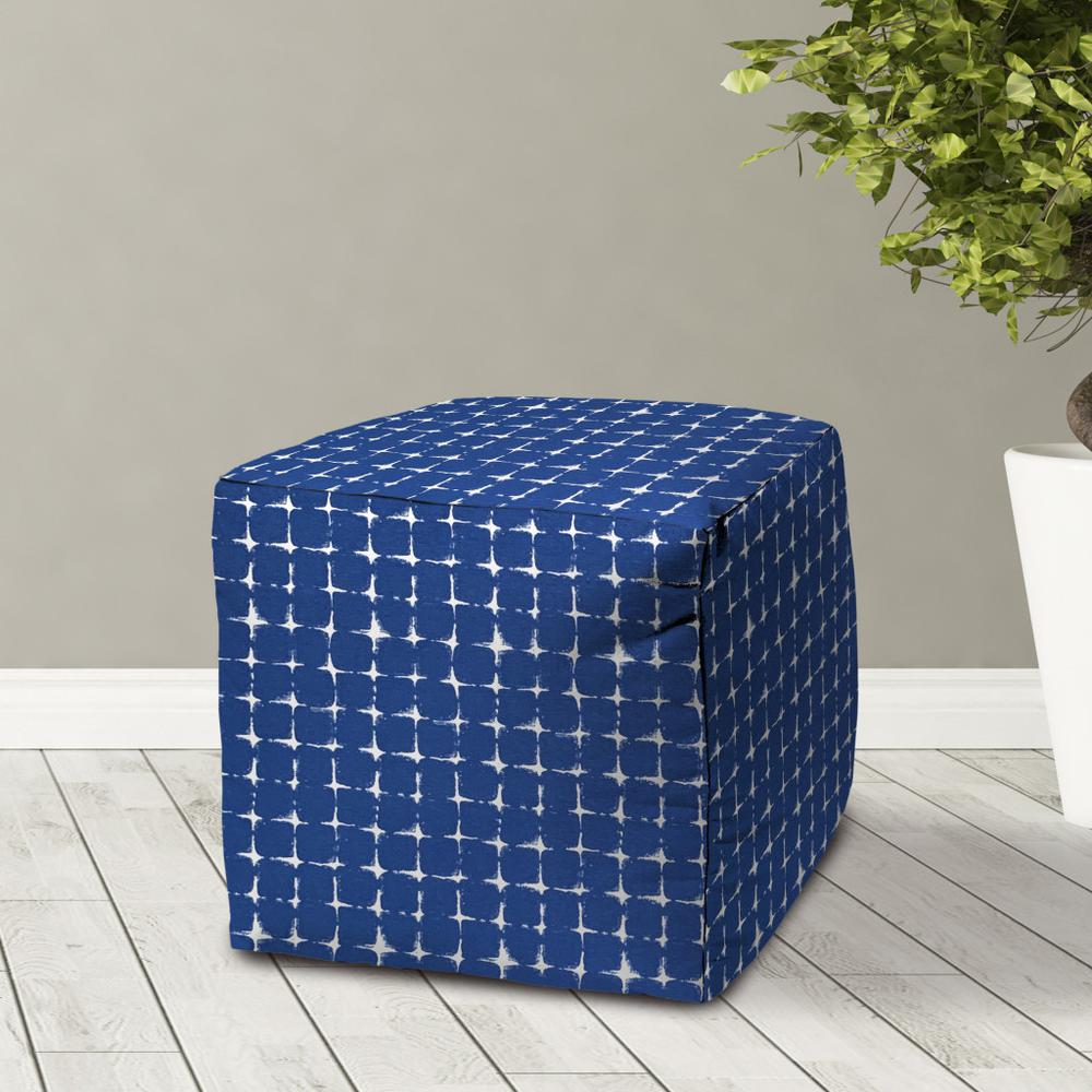 17" Blue and White Polyester Cube Geometric Indoor Outdoor Pouf Ottoman. Picture 3