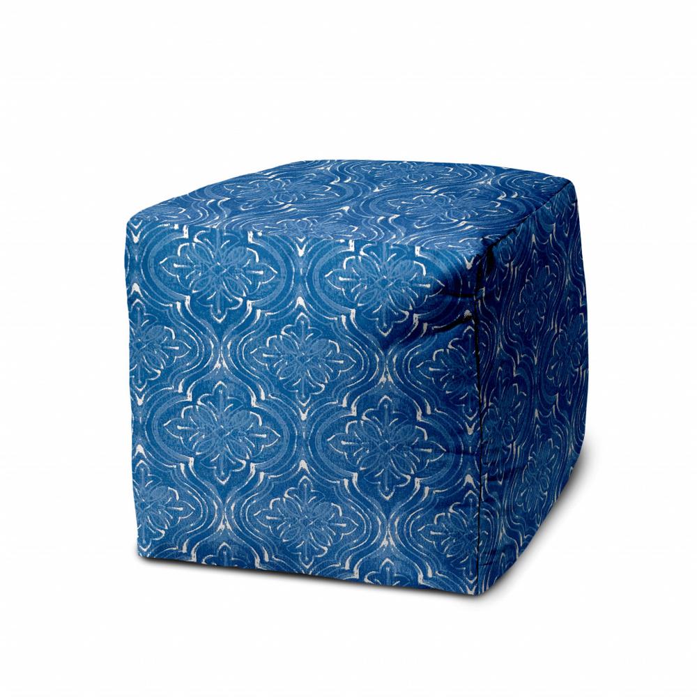 17" Blue and White Polyester Cube Damask Indoor Outdoor Pouf Ottoman. Picture 1