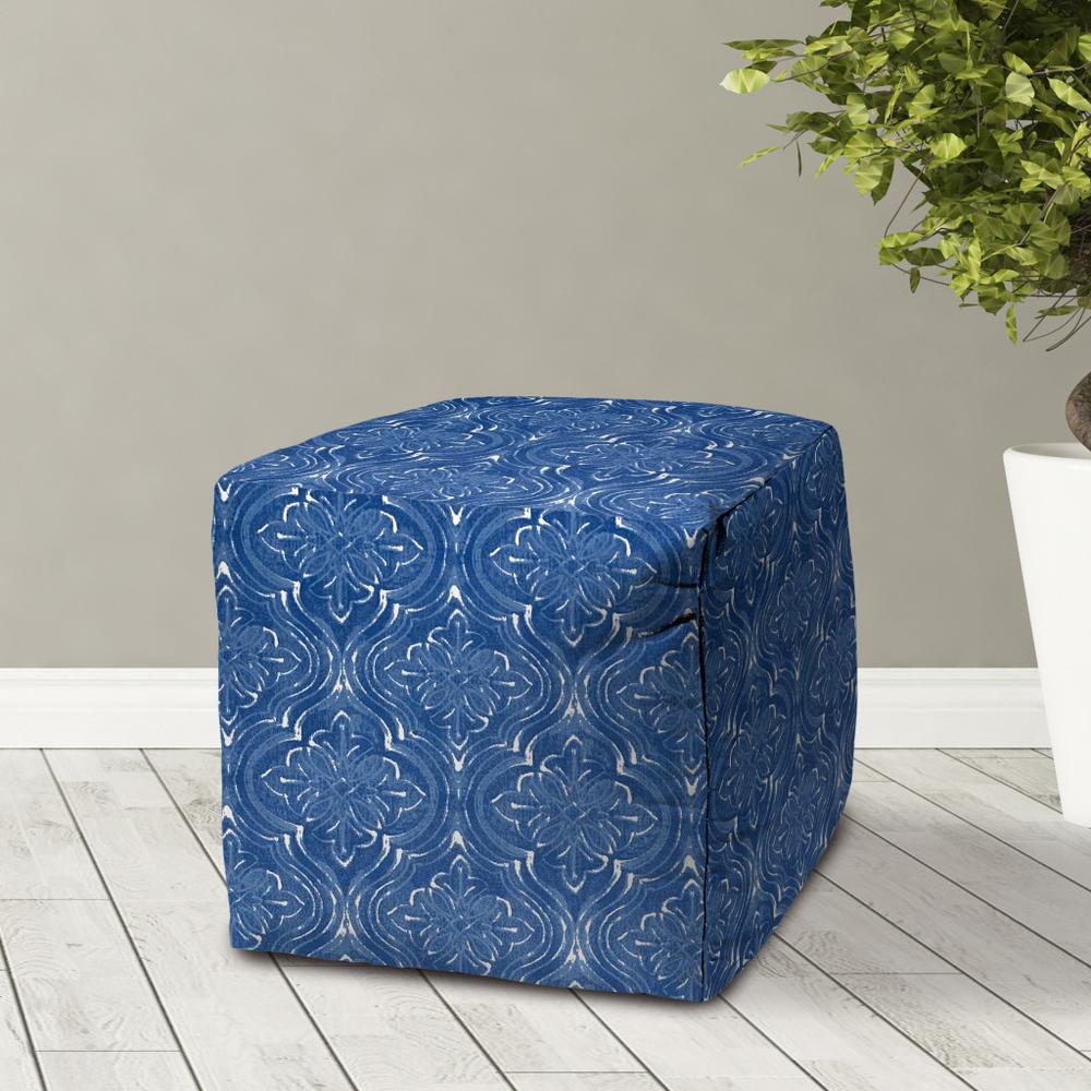 17" Blue and White Polyester Cube Damask Indoor Outdoor Pouf Ottoman. Picture 3