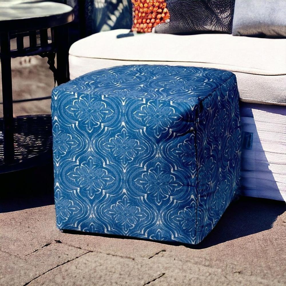 17" Blue and White Polyester Cube Damask Indoor Outdoor Pouf Ottoman. Picture 2
