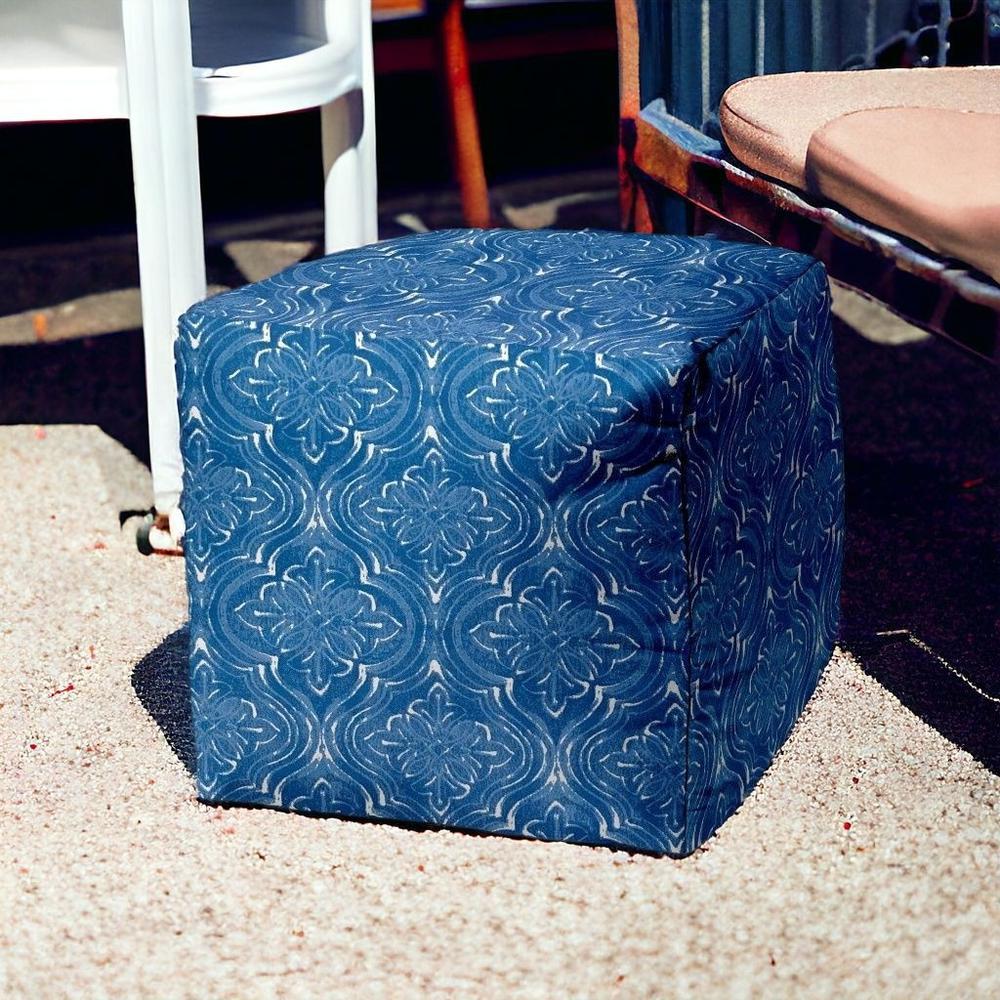 17" Blue and White Polyester Cube Damask Indoor Outdoor Pouf Ottoman. Picture 2