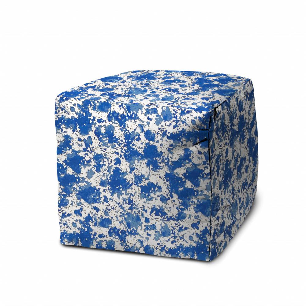 17" Blue and White Polyester Cube Abstract Indoor Outdoor Pouf Ottoman. Picture 1