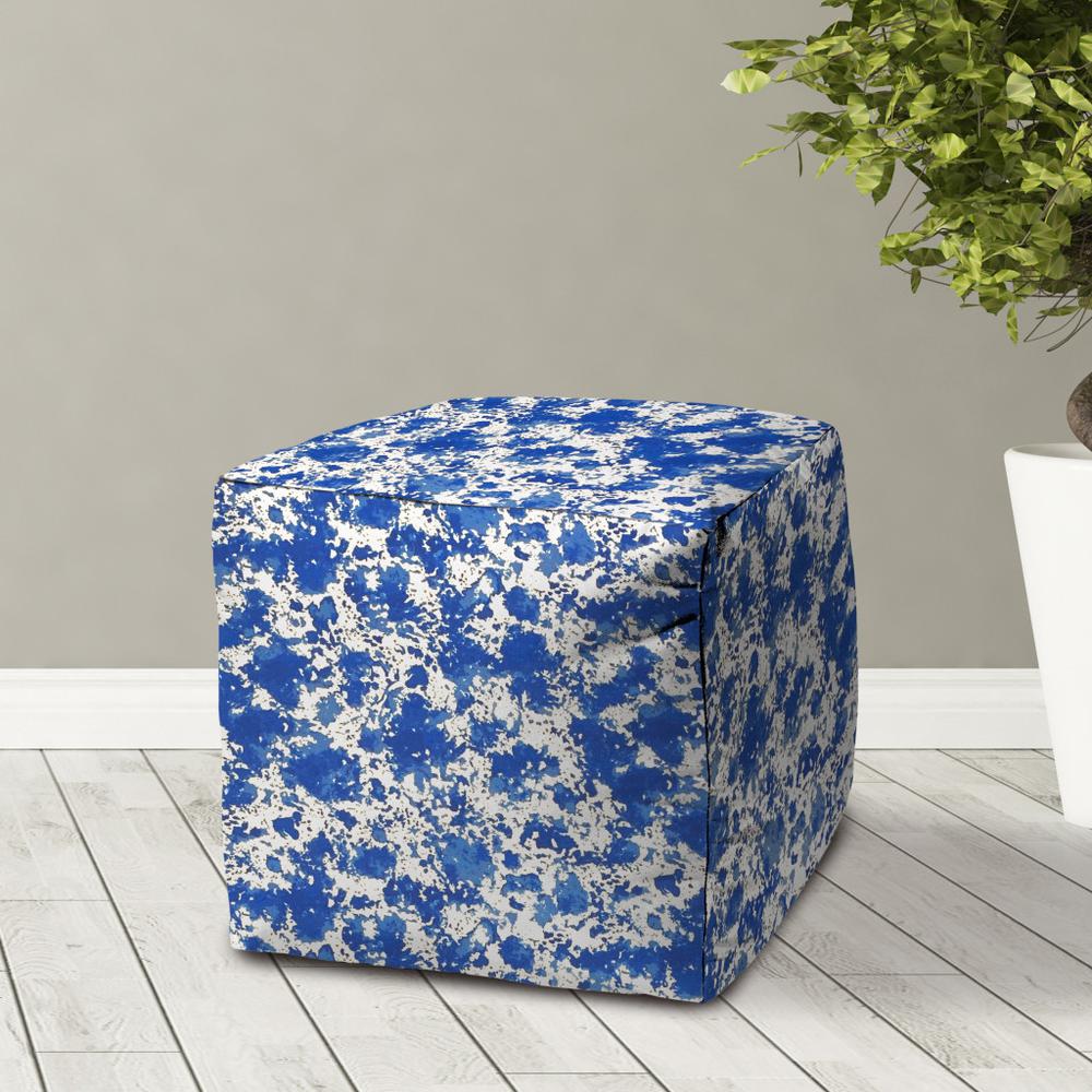 17" Blue and White Polyester Cube Abstract Indoor Outdoor Pouf Ottoman. Picture 3