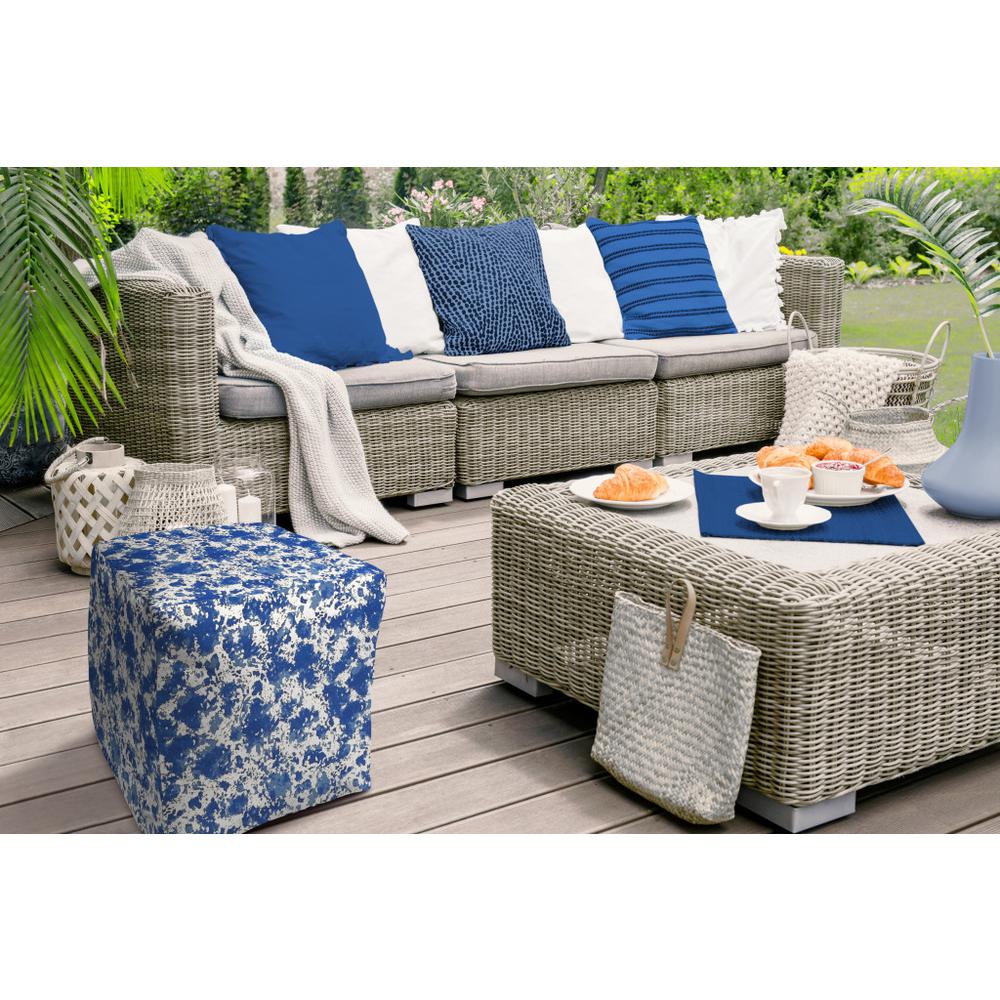 17" Blue and White Polyester Cube Abstract Indoor Outdoor Pouf Ottoman. Picture 4