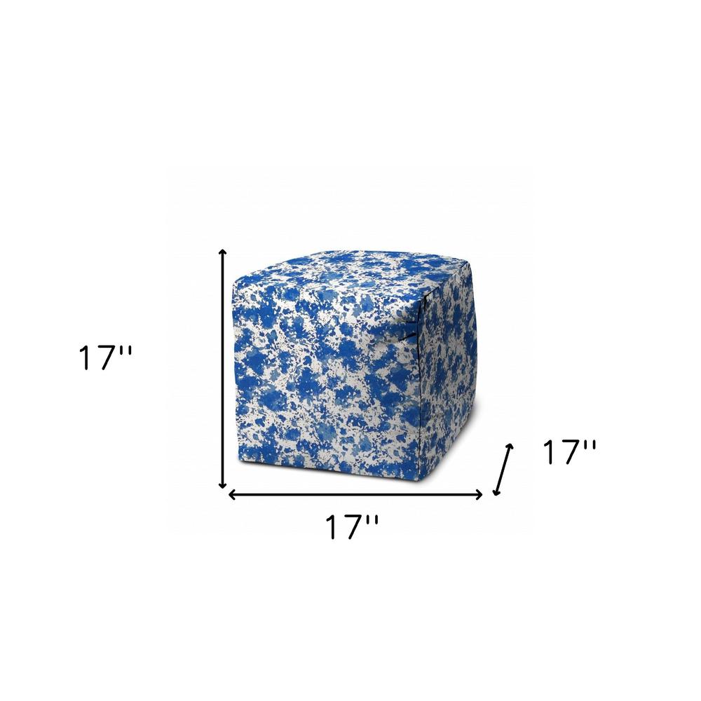17" Blue and White Polyester Cube Abstract Indoor Outdoor Pouf Ottoman. Picture 6