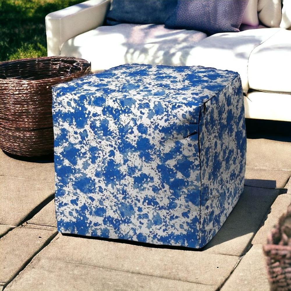 17" Blue and White Polyester Cube Abstract Indoor Outdoor Pouf Ottoman. Picture 2