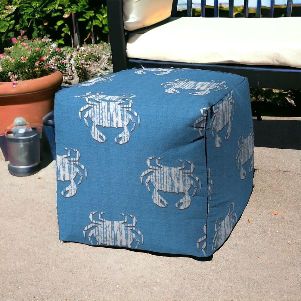 17" Blue and White Polyester Cube Crab Indoor Outdoor Pouf Ottoman. Picture 2