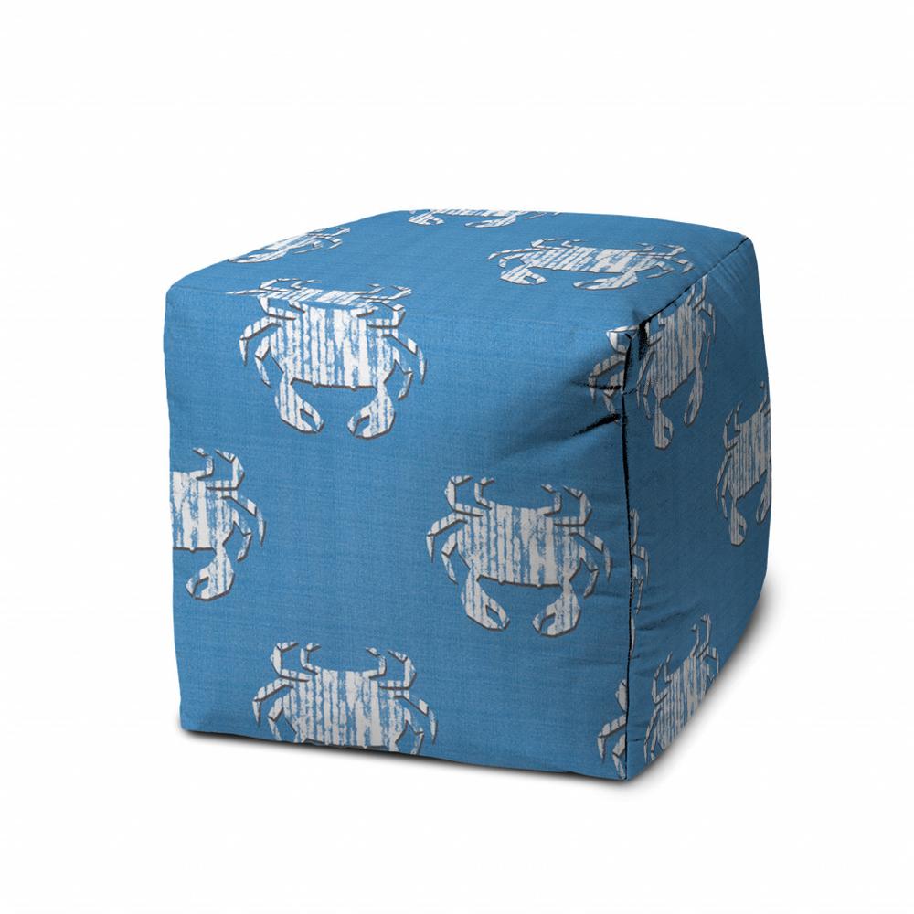 17" Blue and White Polyester Cube Crab Indoor Outdoor Pouf Ottoman. Picture 1