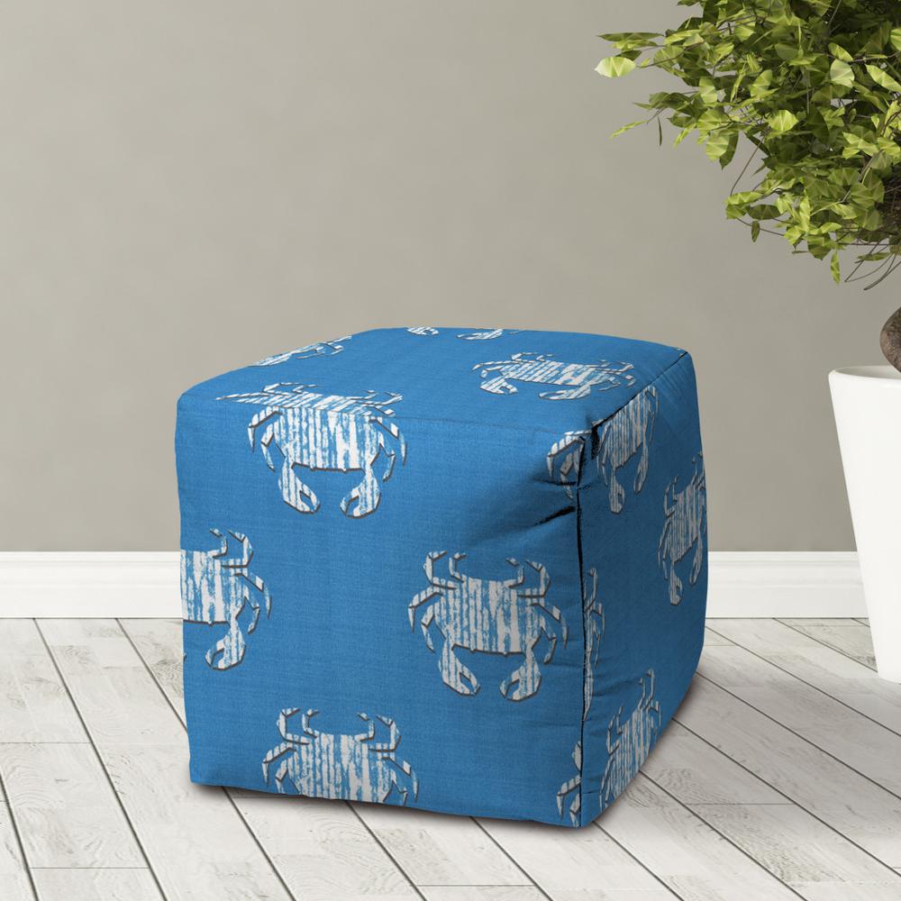 17" Blue and White Polyester Cube Crab Indoor Outdoor Pouf Ottoman. Picture 3