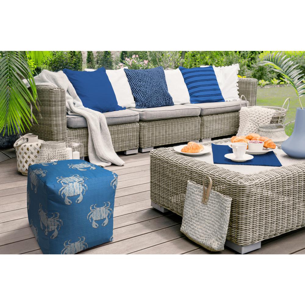 17" Blue and White Polyester Cube Crab Indoor Outdoor Pouf Ottoman. Picture 4
