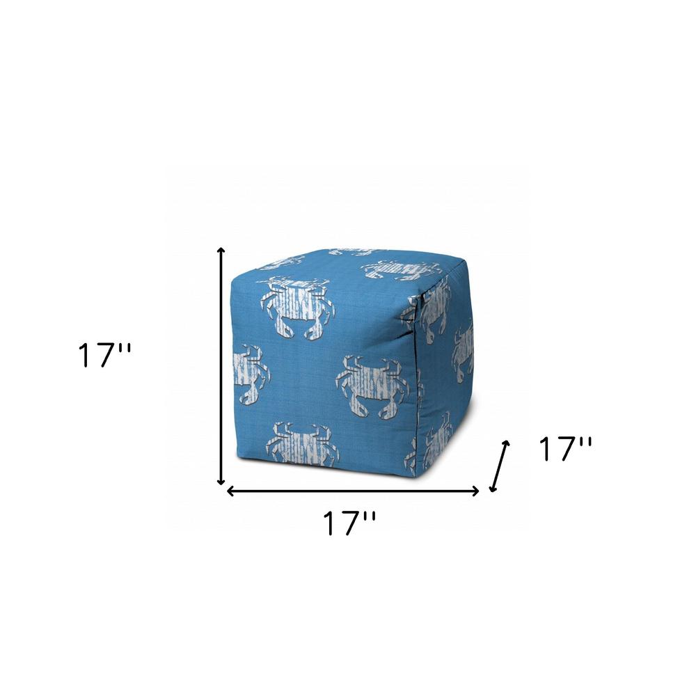 17" Blue and White Polyester Cube Crab Indoor Outdoor Pouf Ottoman. Picture 6