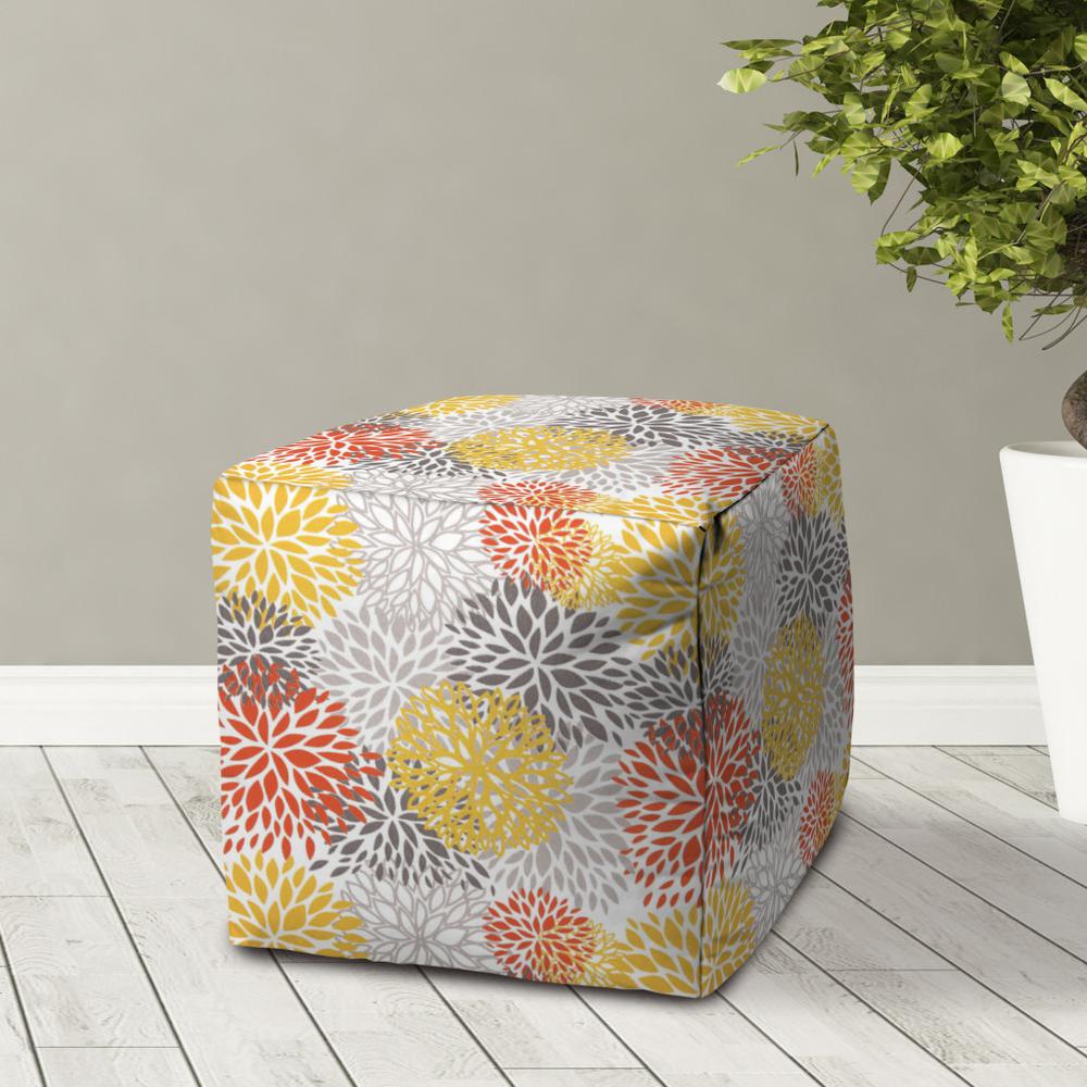 17" Gray and Yellow Polyester Cube Floral Indoor Outdoor Pouf Ottoman. Picture 3