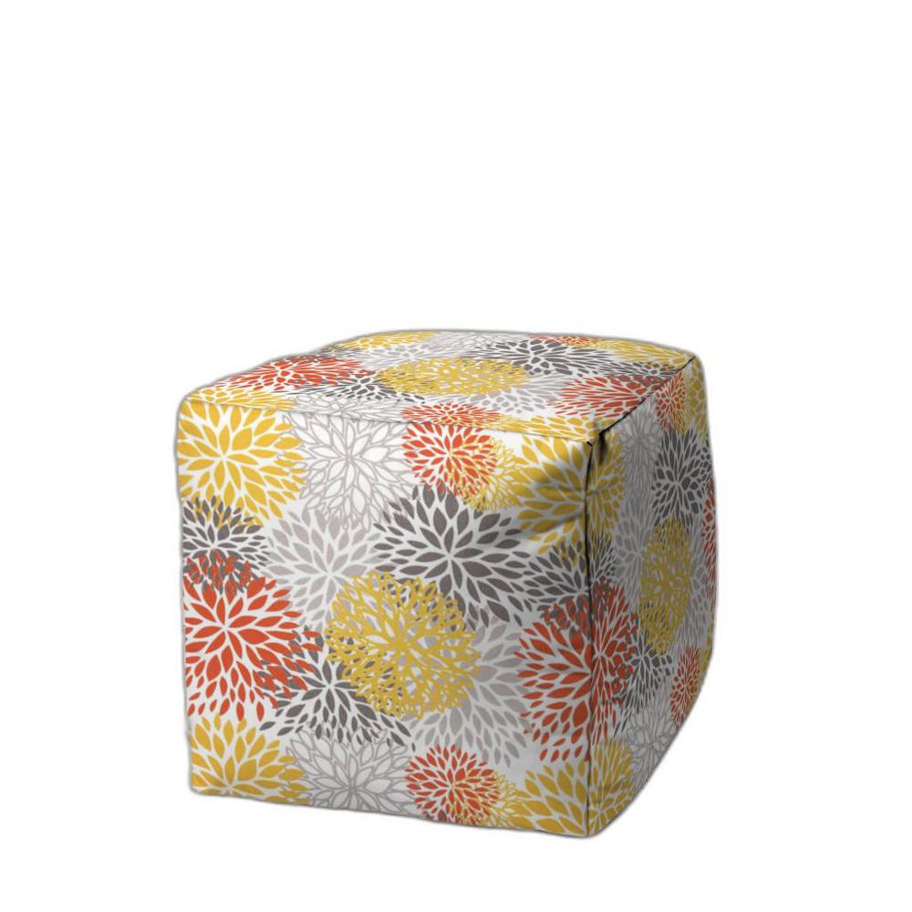 17" Gray and Yellow Polyester Cube Floral Indoor Outdoor Pouf Ottoman. Picture 1