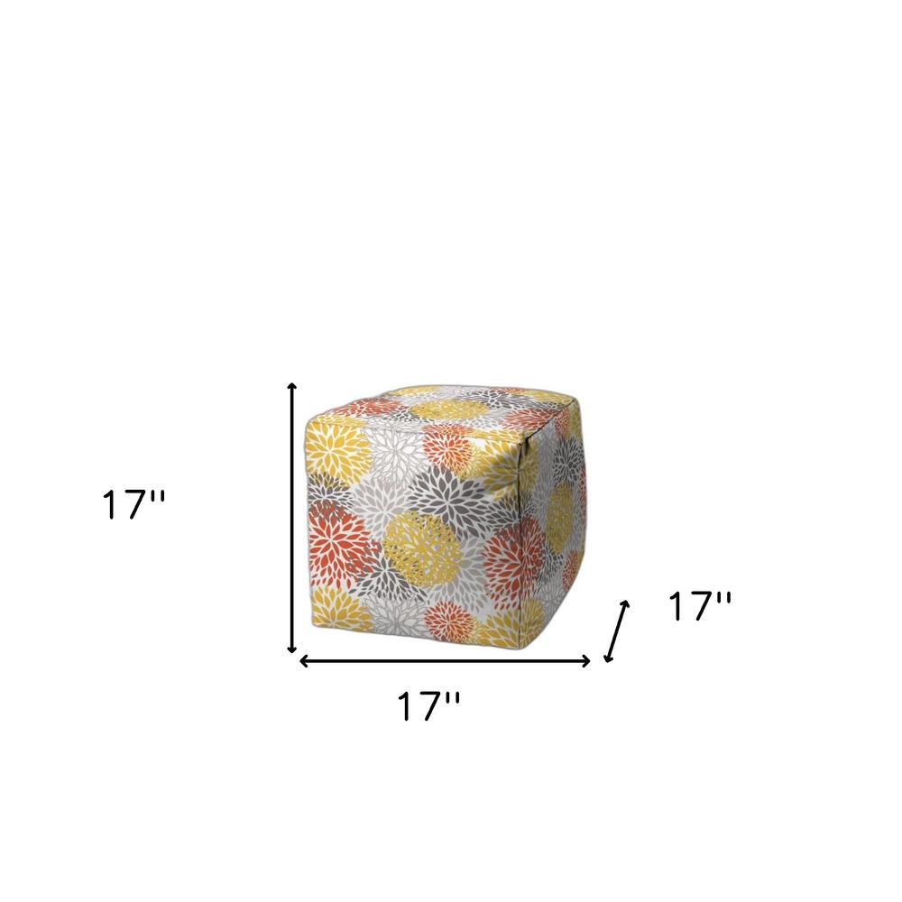 17" Gray and Yellow Polyester Cube Floral Indoor Outdoor Pouf Ottoman. Picture 6