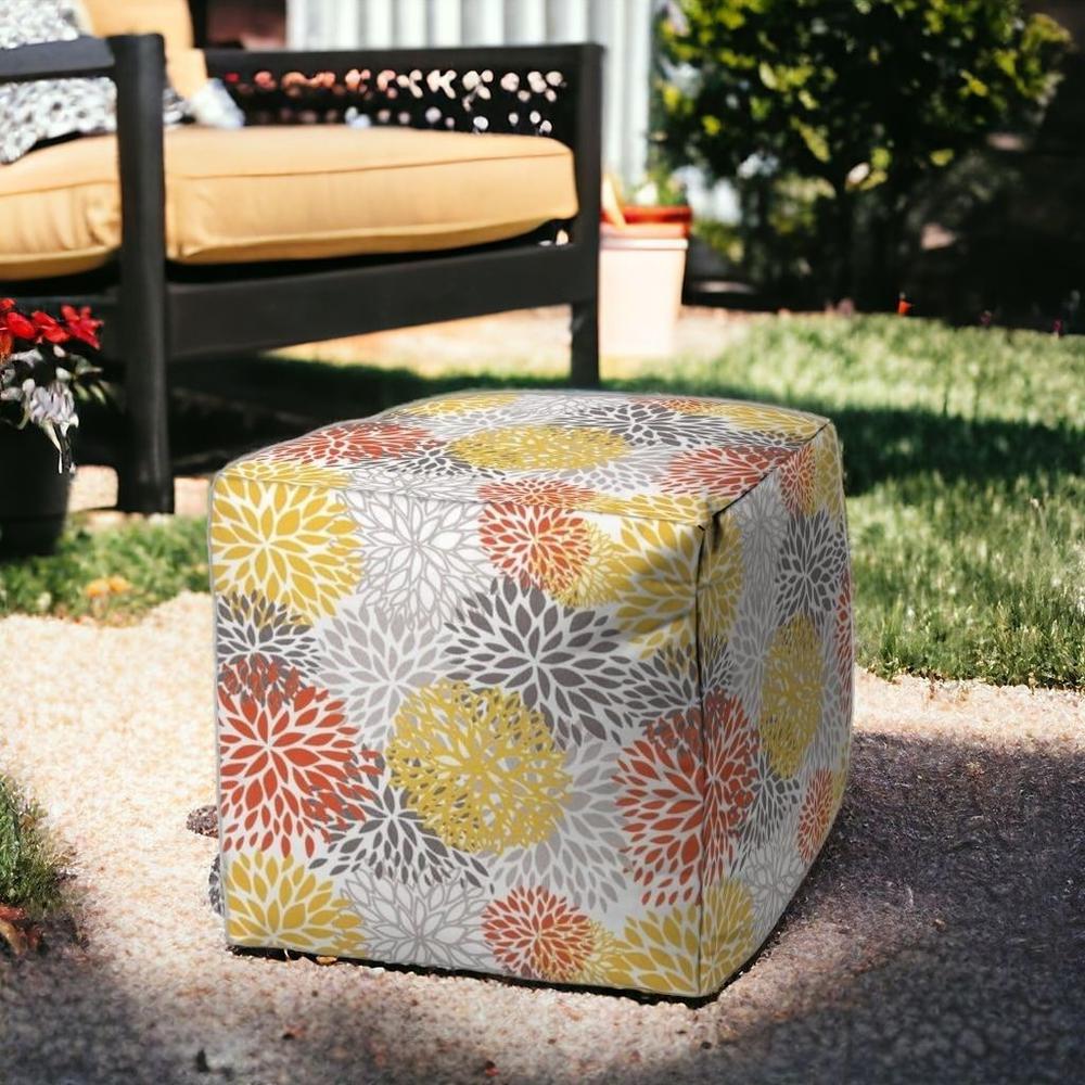 17" Gray and Yellow Polyester Cube Floral Indoor Outdoor Pouf Ottoman. Picture 2