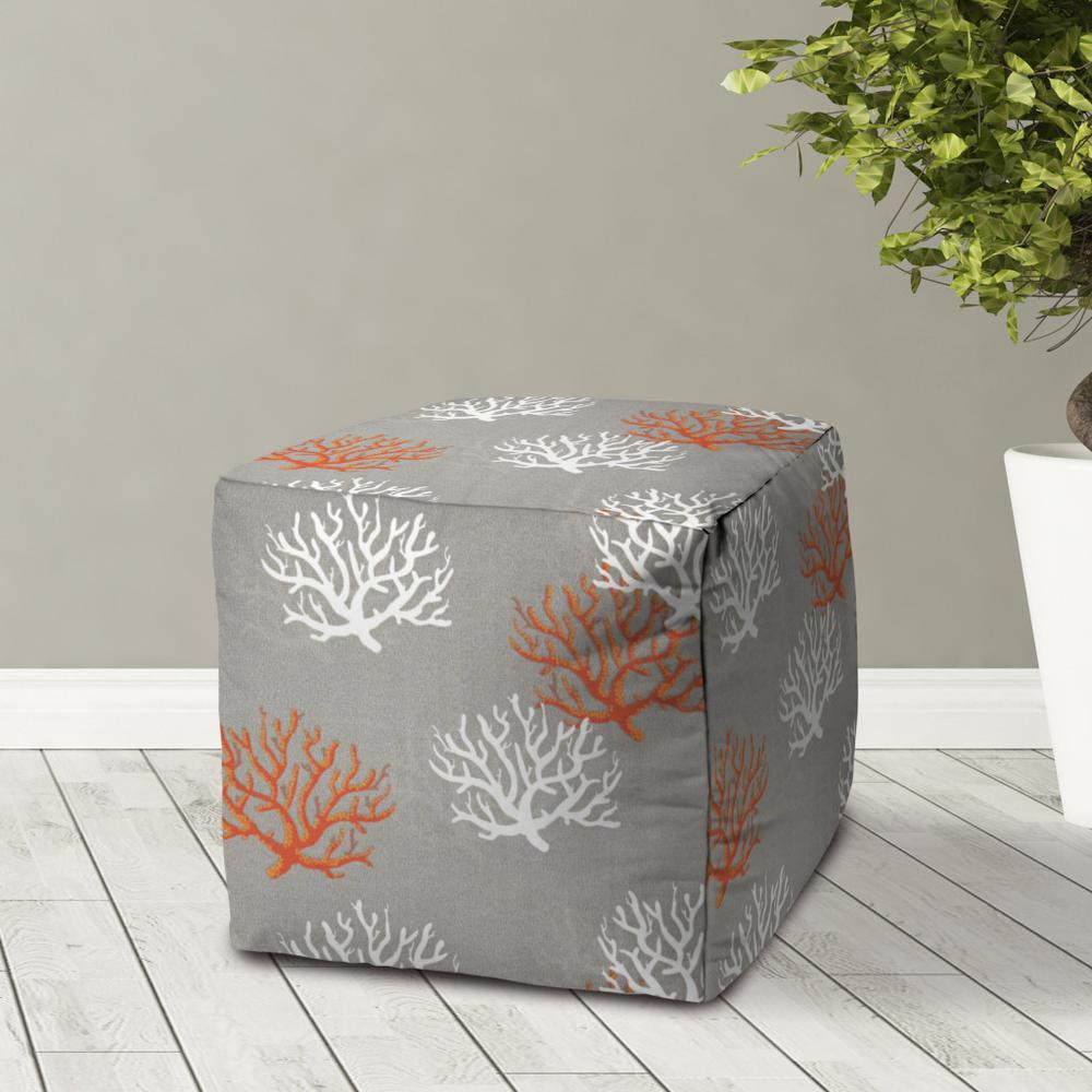 17" Gray and White Polyester Cube Coral Indoor Outdoor Pouf Ottoman. Picture 3
