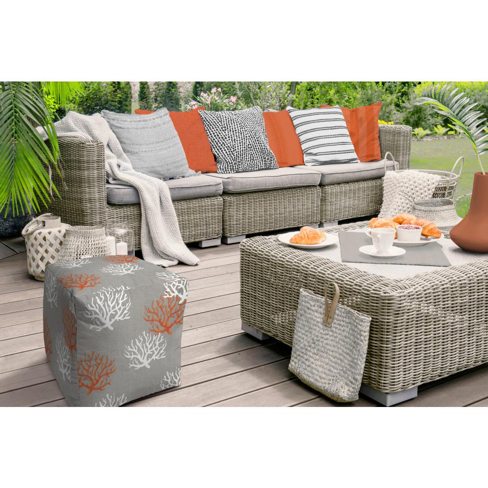 17" Gray and White Polyester Cube Coral Indoor Outdoor Pouf Ottoman. Picture 4