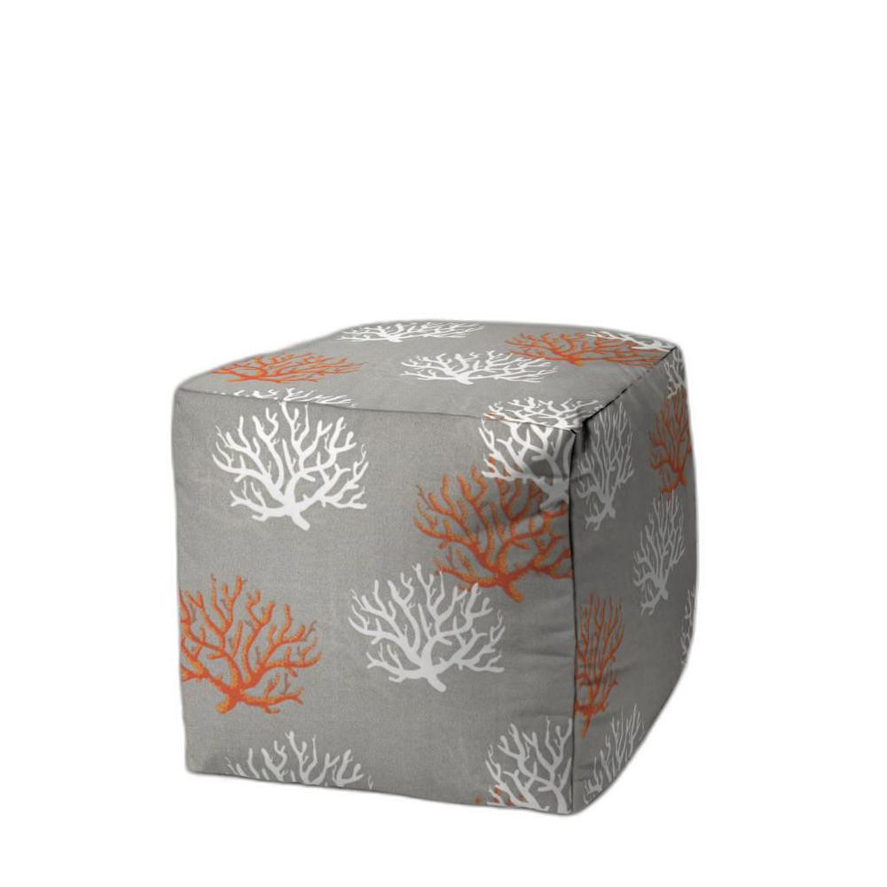 17" Gray and White Polyester Cube Coral Indoor Outdoor Pouf Ottoman. Picture 1