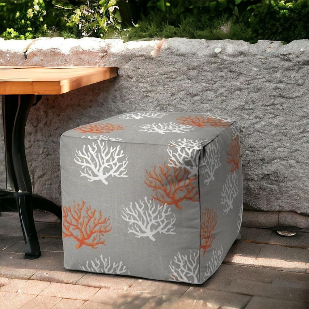 17" Gray and White Polyester Cube Coral Indoor Outdoor Pouf Ottoman. Picture 2