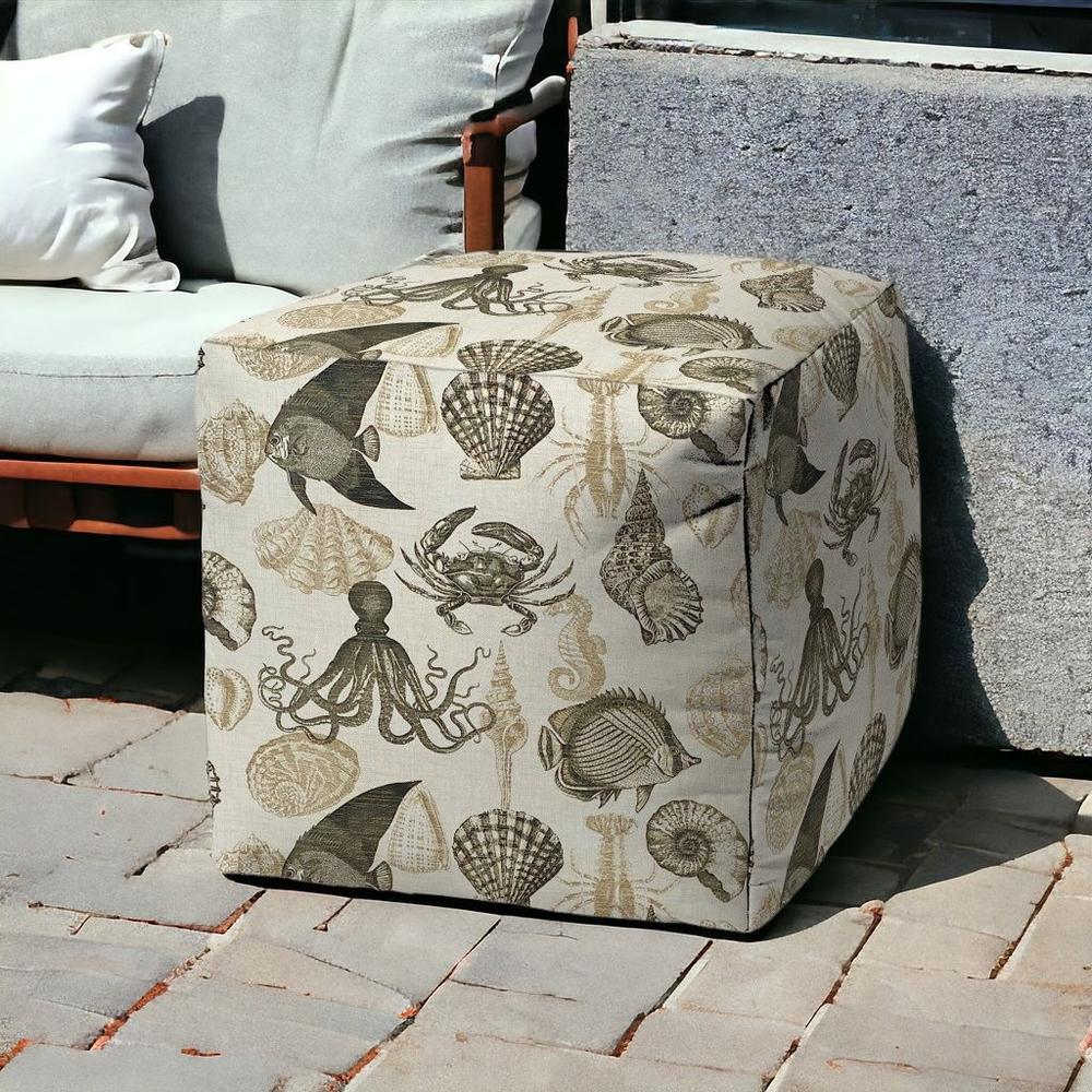 17" Beige and Gray Polyester Cube Coastal Indoor Outdoor Pouf Ottoman. Picture 2