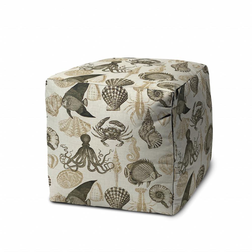 17" Beige and Gray Polyester Cube Coastal Indoor Outdoor Pouf Ottoman. Picture 1
