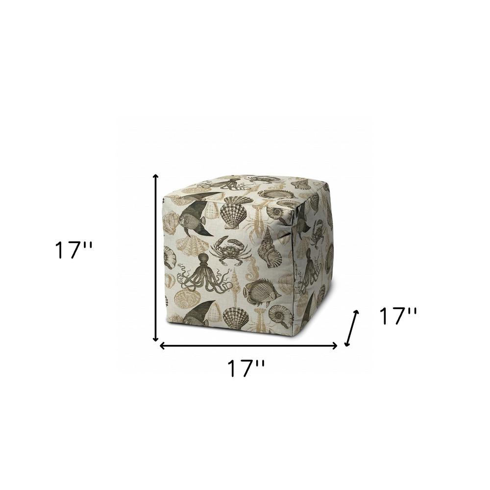 17" Beige and Gray Polyester Cube Coastal Indoor Outdoor Pouf Ottoman. Picture 5