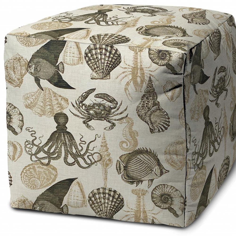 17" Beige and Gray Polyester Cube Coastal Indoor Outdoor Pouf Ottoman. Picture 4
