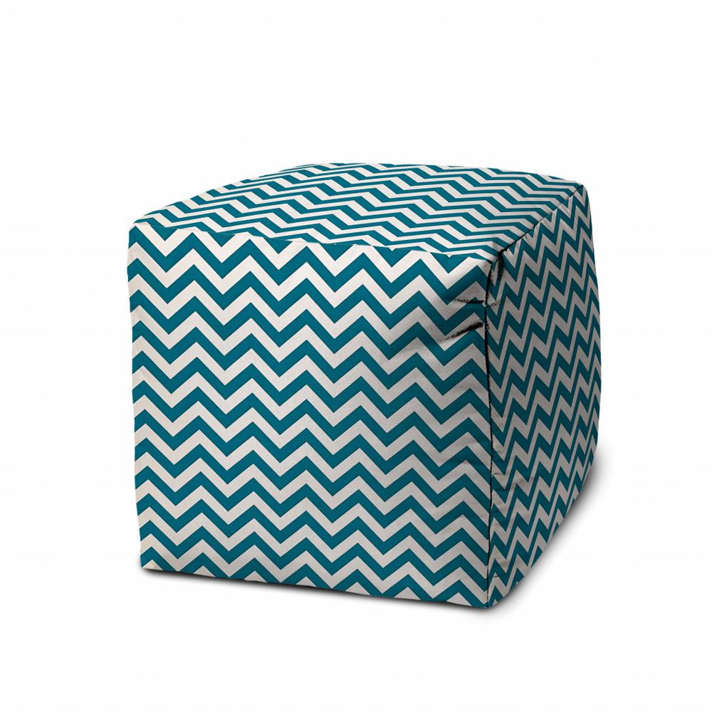 17" Blue and White Polyester Cube Chevron Indoor Outdoor Pouf Ottoman. Picture 1